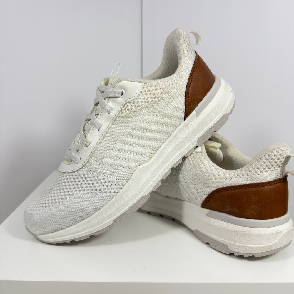 George Knit Casual Sneakers Men Size 10.5 White Brown Memory Foam‎ Slip On Shoes